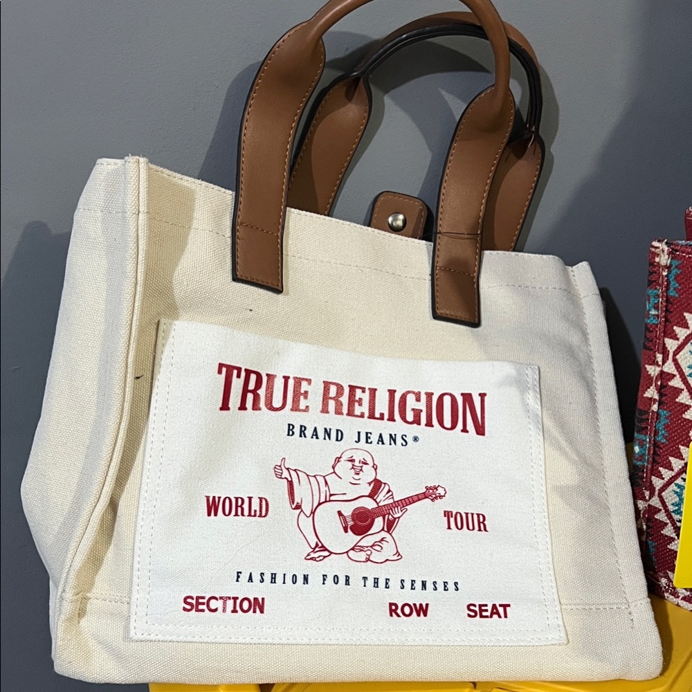 True Religion Cream Tote with Brown Handles